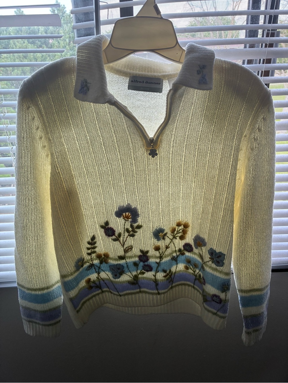 Alfred Dunner Cream Ribbed Zip Pullover with Pastel Floral Embroidery